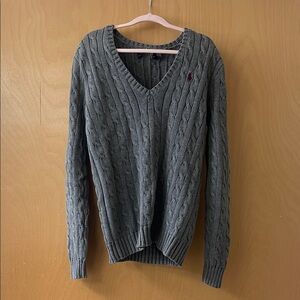 Polo by Ralph Lauren Grey Cable Knit V-Neck Sweater with Polo Pony